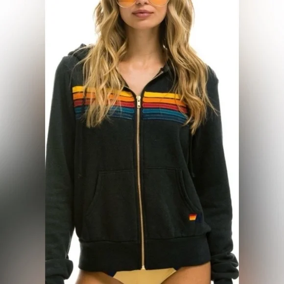 2pc🔥Aviator Nation Set 5 Stripe Hoodie & Gray Wide Leg Sweatpants Set Medium USA - Picture 2 of 10